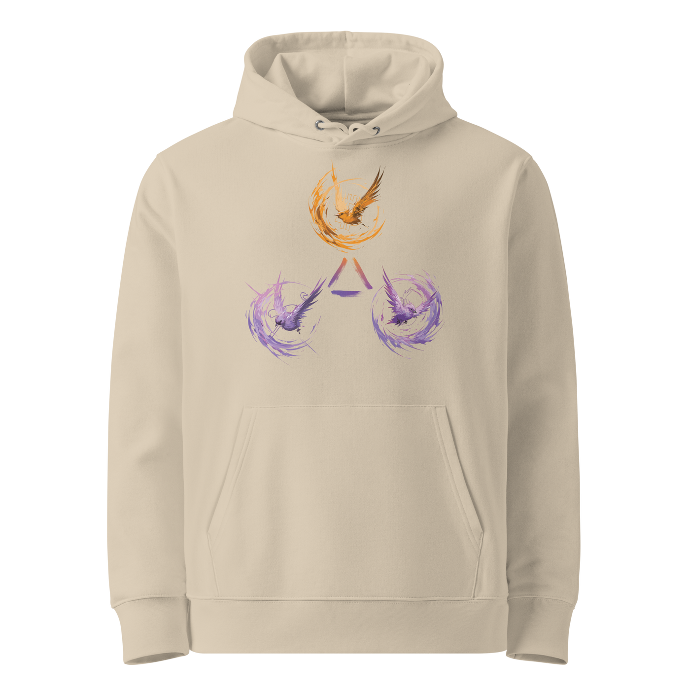 Desert Dust organic cotton Bitcoin hoodie with the Trinity of Freedom design, front view