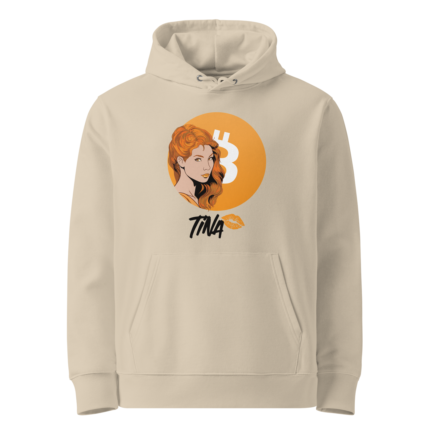 Desert Dust organic cotton Bitcoin hoodie with the TINA design, front view