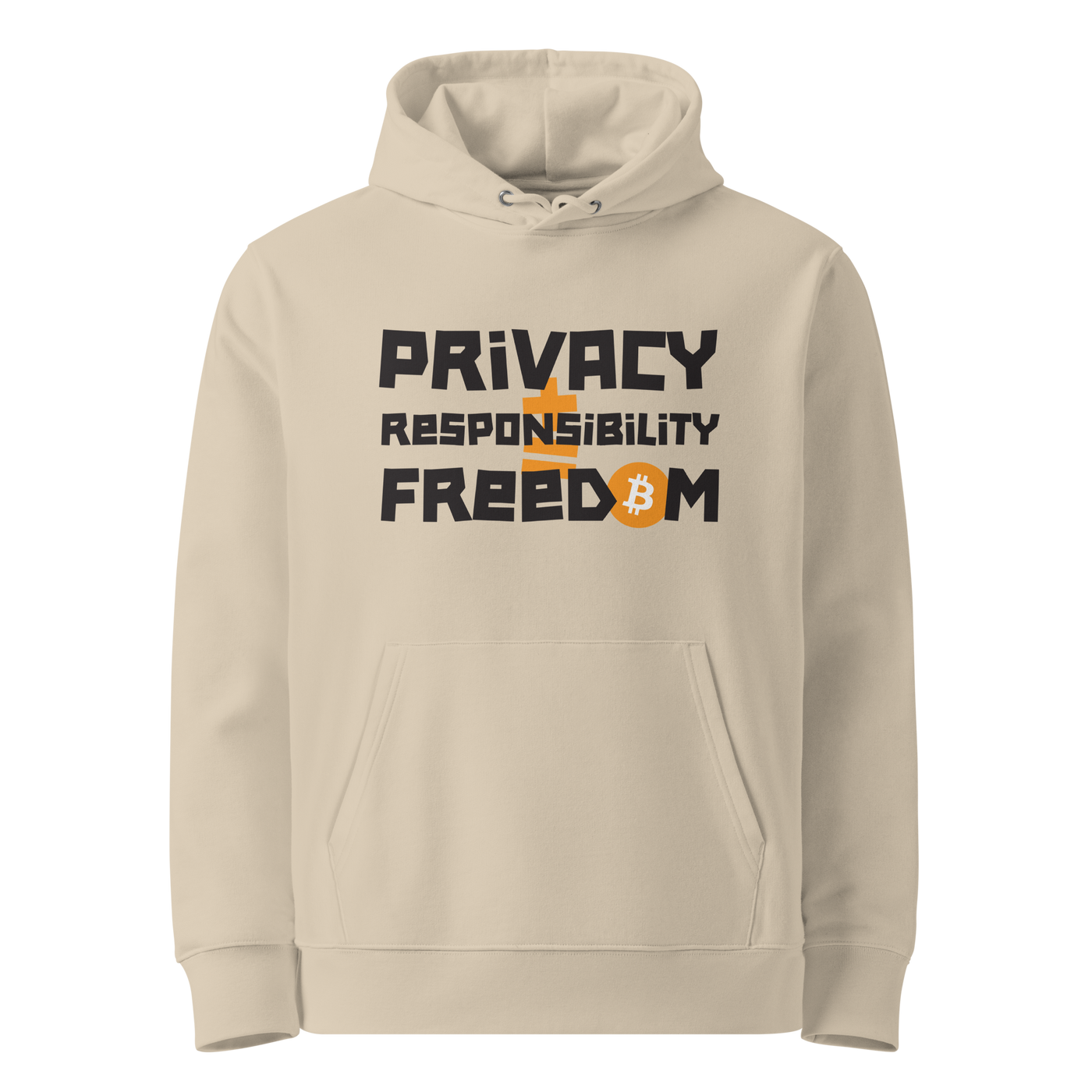 Desert Dust organic cotton Bitcoin hoodie with the Privacy + Responsibility = Freedom design, front view