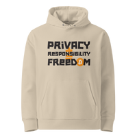 Desert Dust organic cotton Bitcoin hoodie with the Privacy + Responsibility = Freedom design, front view