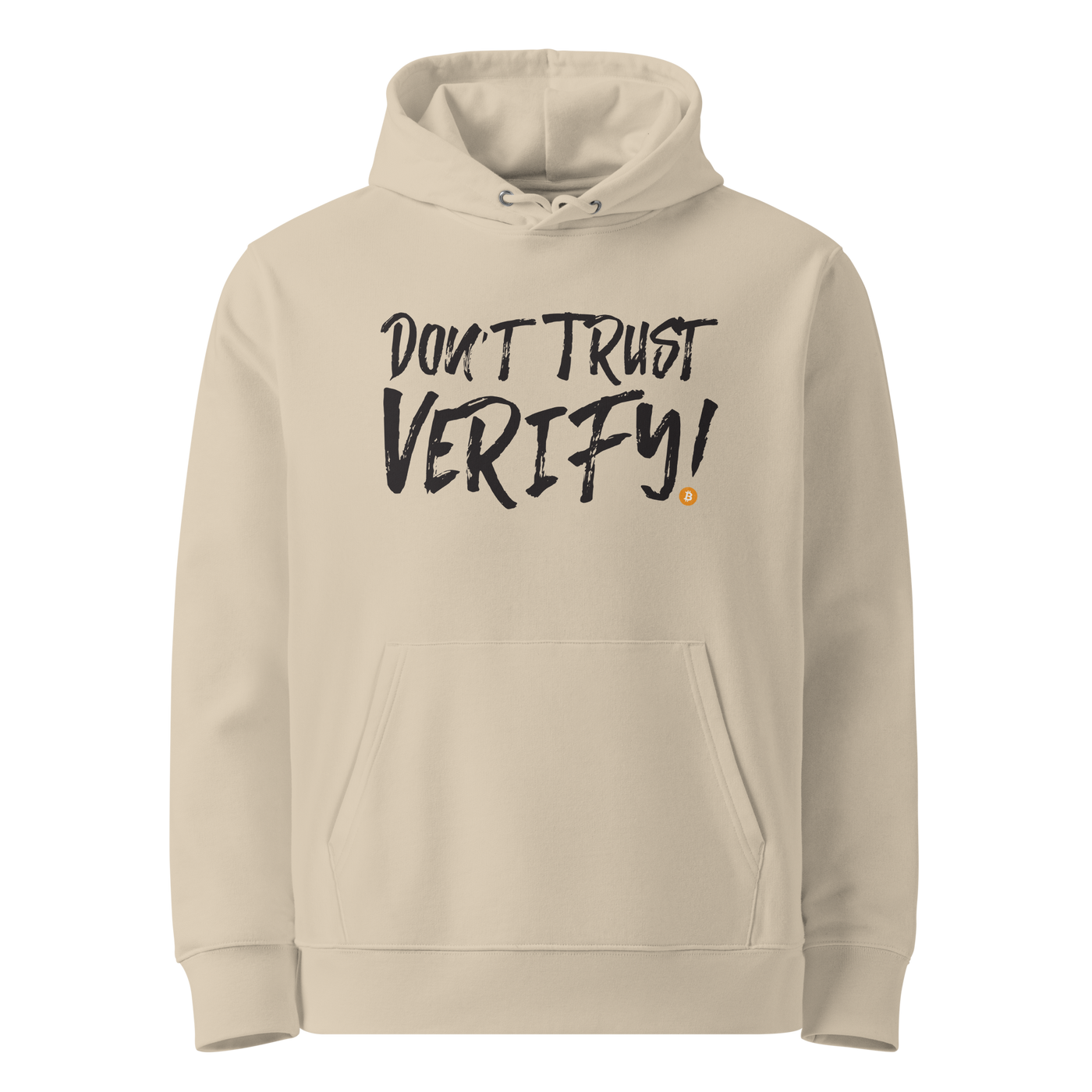 Desert Dust organic cotton Bitcoin hoodie with the Don't Trust Verify design, front view