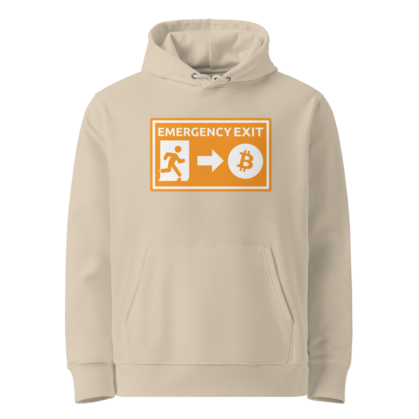 Desert Dust organic cotton Bitcoin hoodie with the Emergency Exit design, front view