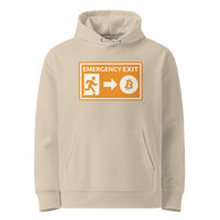 Desert Dust organic cotton Bitcoin hoodie with the Emergency Exit design, front view