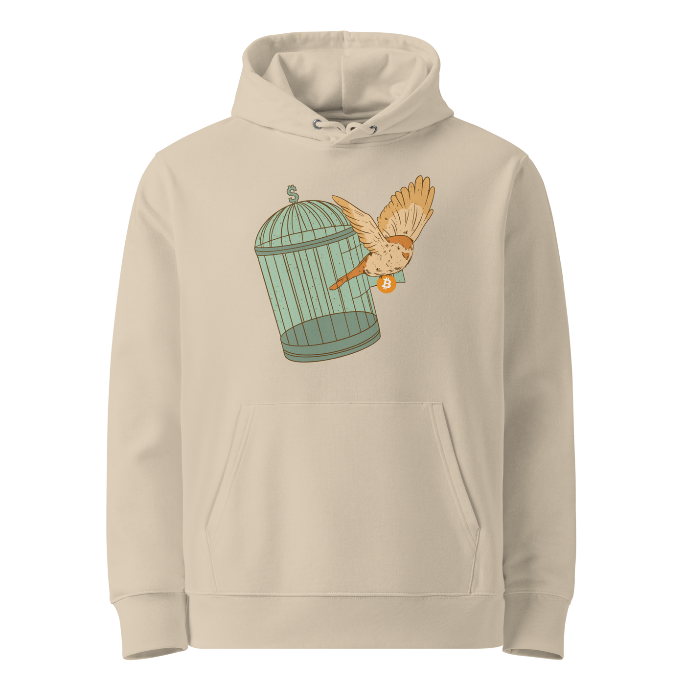 Desert Dust organic cotton Bitcoin hoodie with the Escape From Fiat Madness design, front view