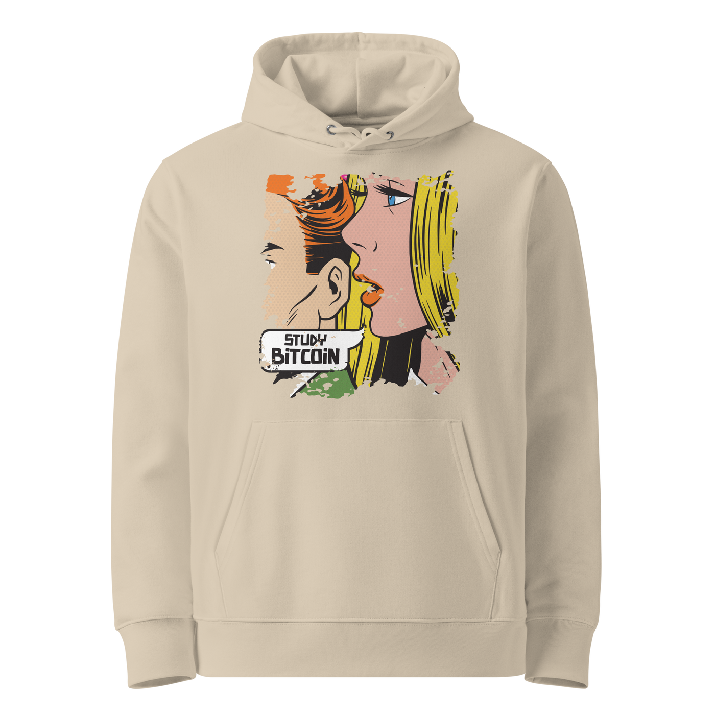 Desert Dust organic cotton Bitcoin hoodie with the Study Bitcoin design, front view