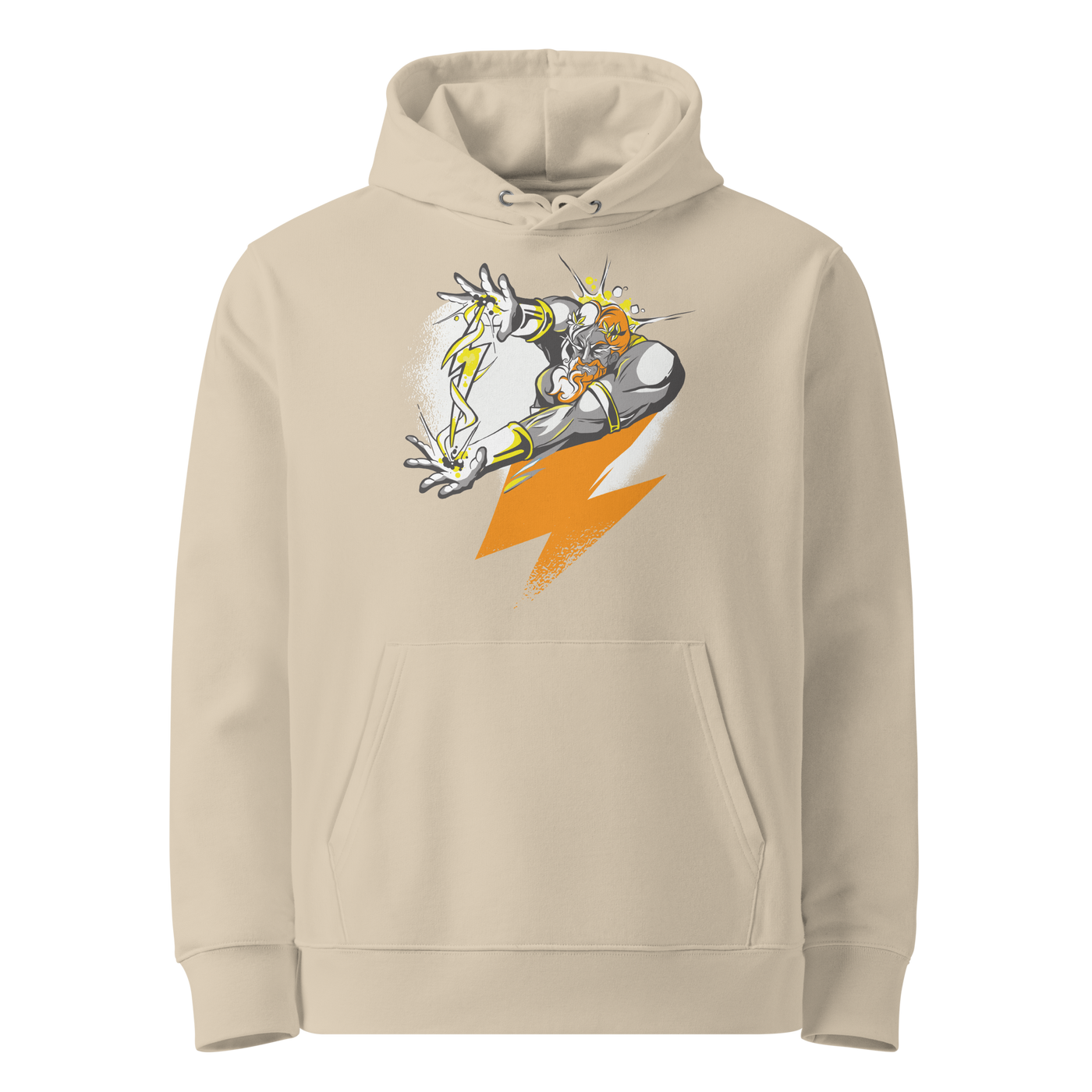 Desert Dust organic cotton Bitcoin hoodie with the Zeus design, front view