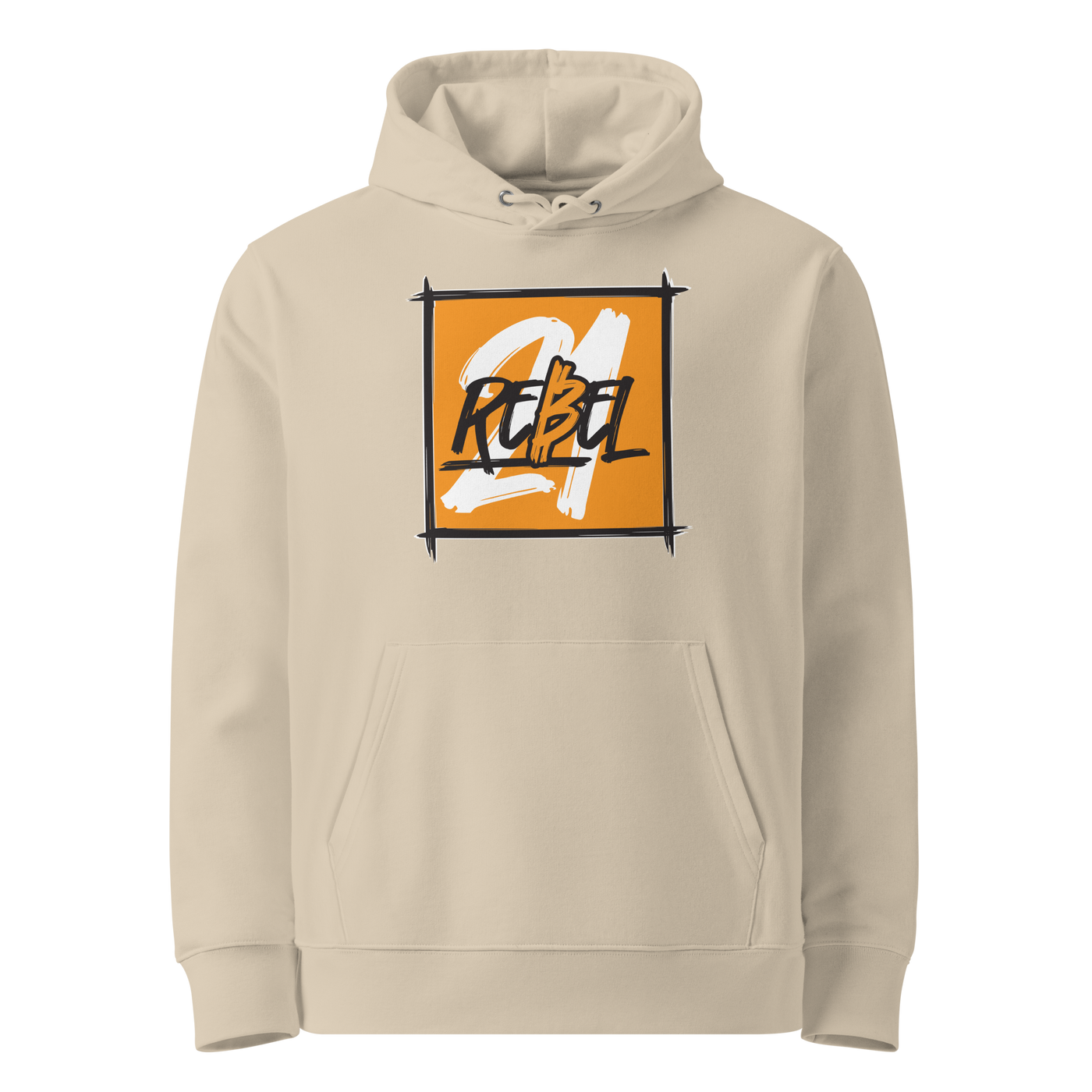 Desert Dust organic cotton Bitcoin hoodie with the 21 Rebel design, front view