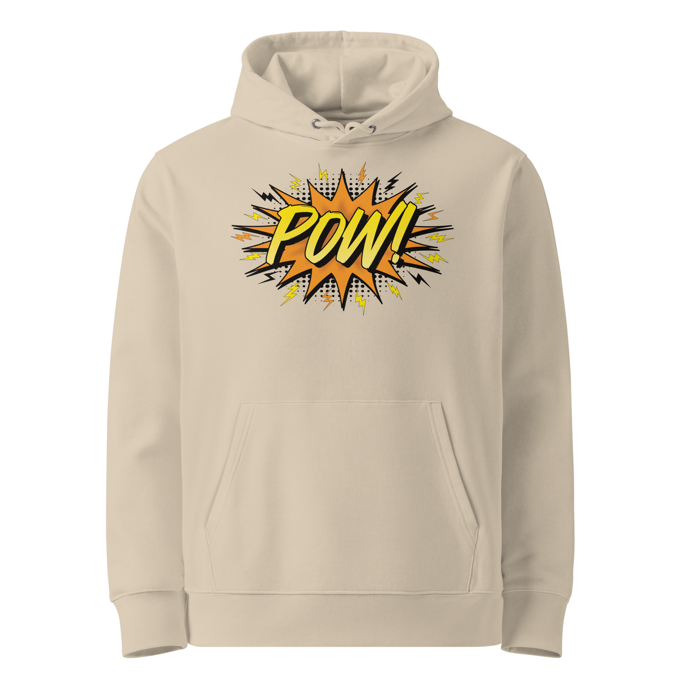 POW! eco bitcoin hoodie in Desert Dust, front view: a comic style orange burst with POW! in yellow lettering and small lightning bolts.