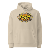 POW! eco bitcoin hoodie in Desert Dust, front view: a comic style orange burst with POW! in yellow lettering and small lightning bolts.