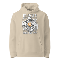 Magic make its Way eco bitcoin hoodie in Desert Dust, front view: a hooded figure holding an orange bitcoin coin under the words Magic make its Way in gothic lettering.
