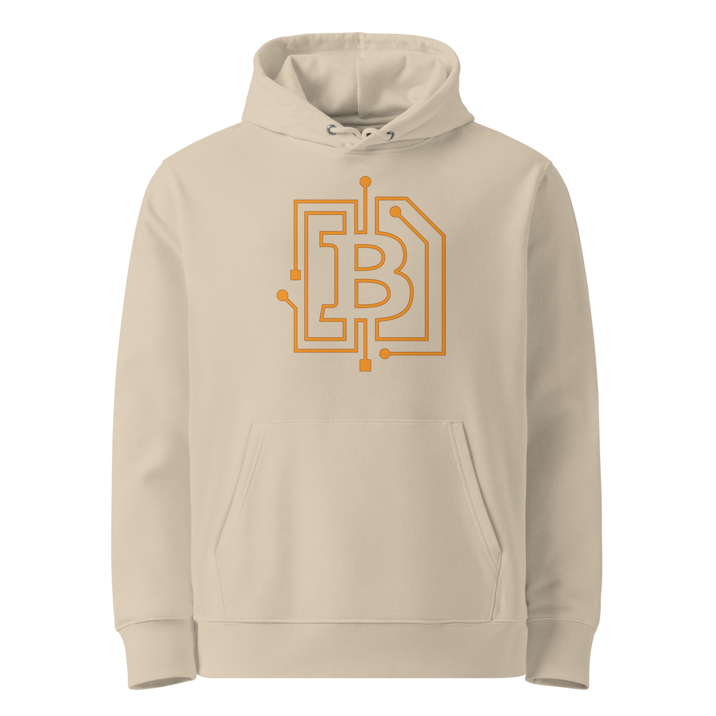 Circuit Board eco bitcoin hoodie in Desert Dust, front view: an orange bitcoin B drawn as circuit board traces.