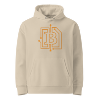Circuit Board eco bitcoin hoodie in Desert Dust, front view: an orange bitcoin B drawn as circuit board traces.