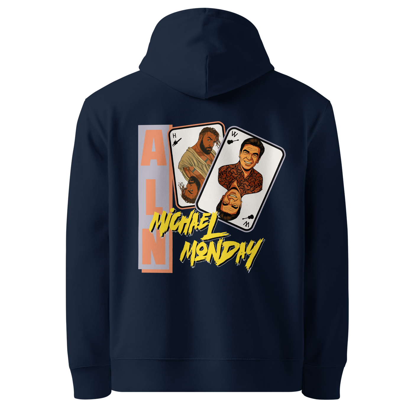 French Navy organic cotton Anarcho Late Night hoodie with the Michael Monday design, back view