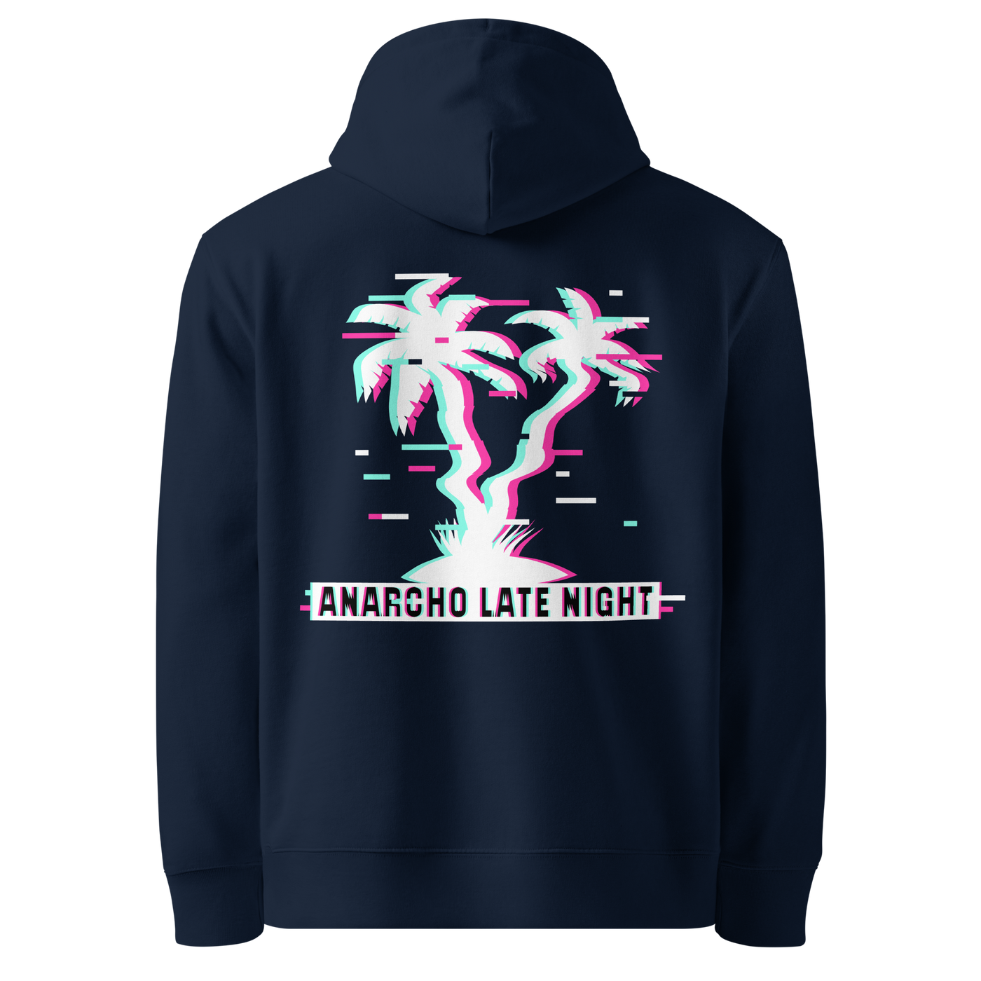 French Navy organic cotton Anarcho Late Night hoodie with the Betrüger design, back view