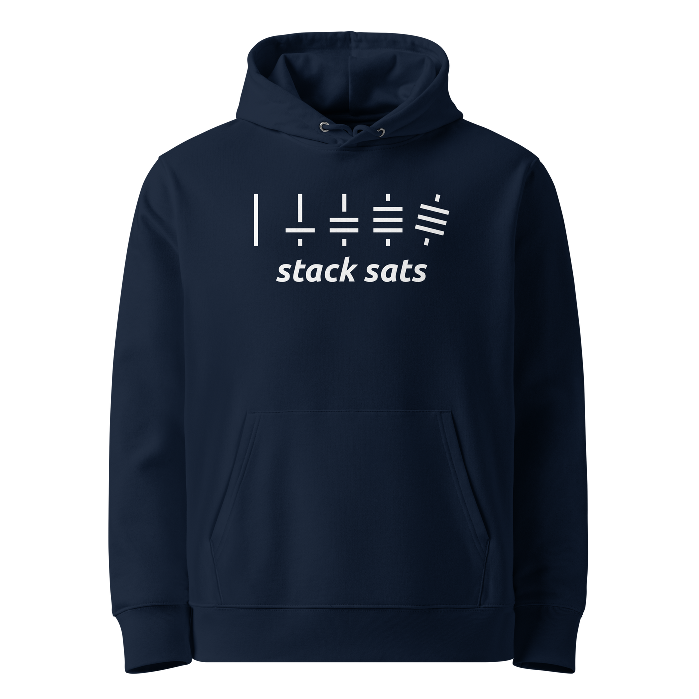 French Navy organic cotton Bitcoin hoodie with the Stack Sats design, front view