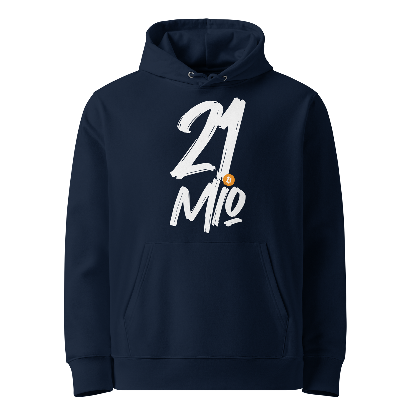 French Navy organic cotton Bitcoin hoodie with the 21 Million design, front view