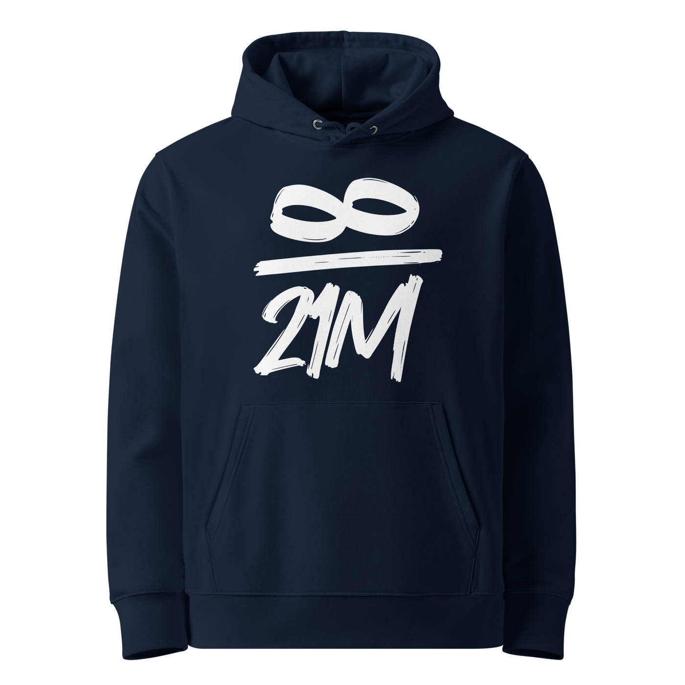 French Navy organic cotton Bitcoin hoodie with the Infinity design, front view