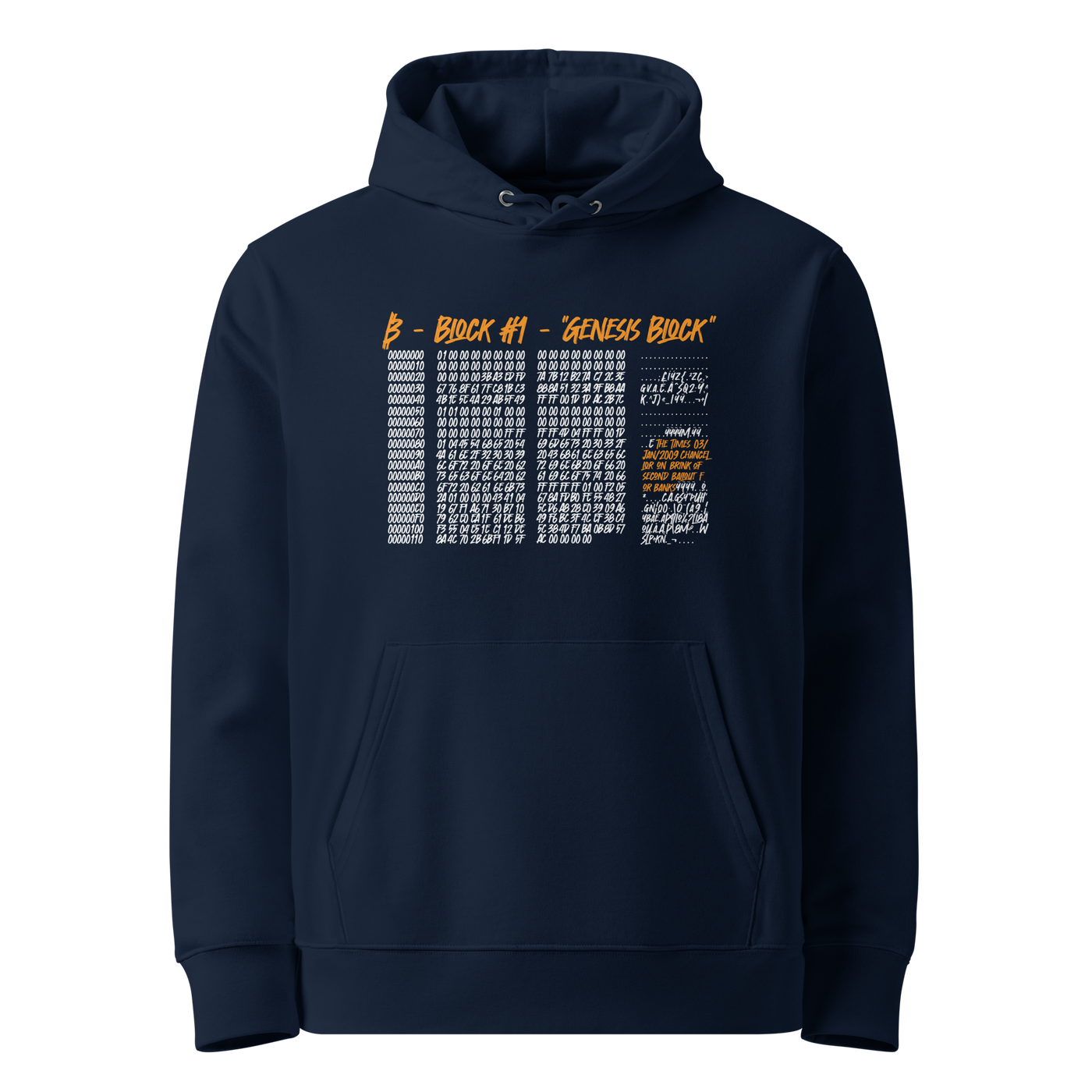 French Navy organic cotton Bitcoin hoodie with the Genesis Block design, front view