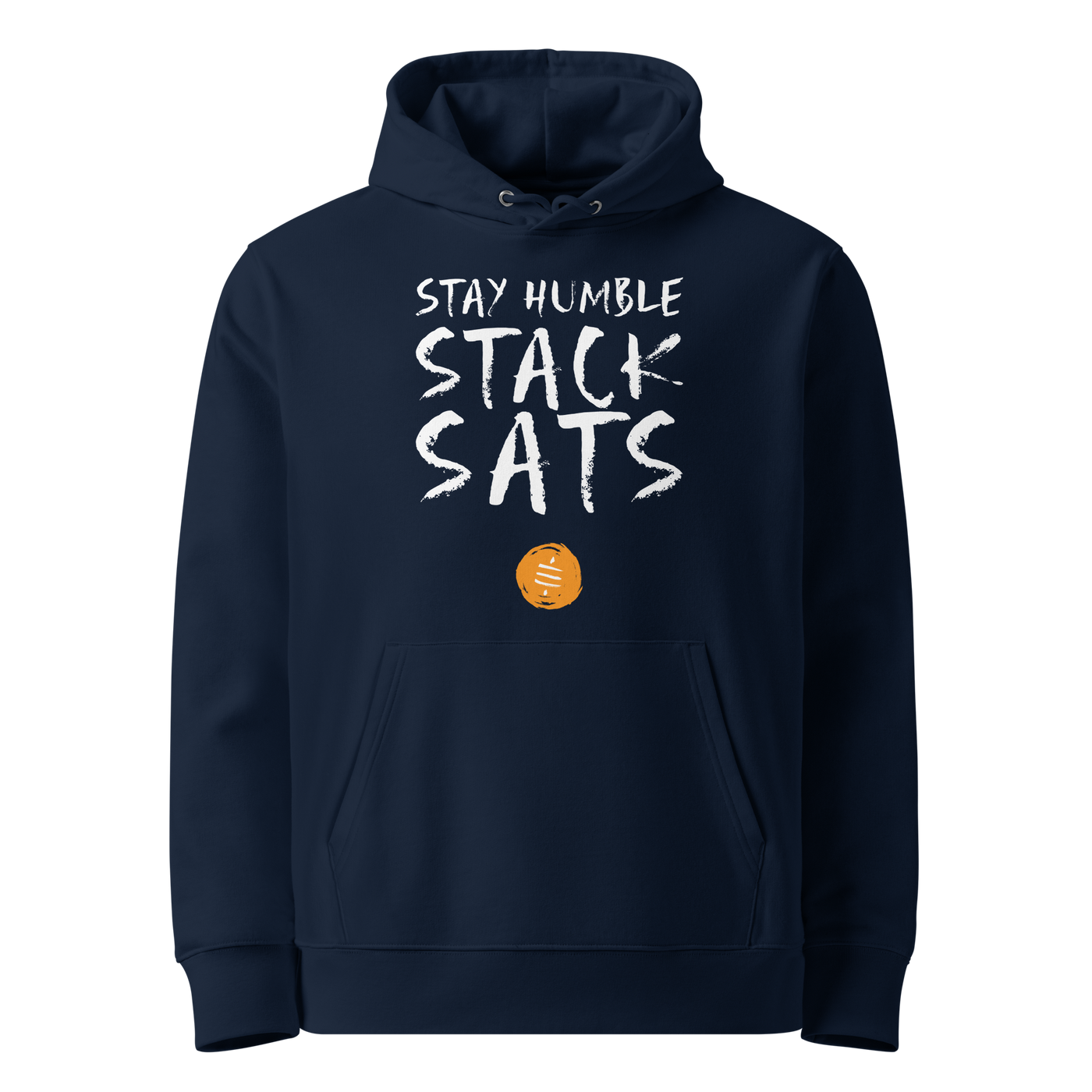 French Navy organic cotton Bitcoin hoodie with the Stay Humble Stack Sats design, front view