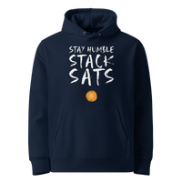 French Navy organic cotton Bitcoin hoodie with the Stay Humble Stack Sats design, front view