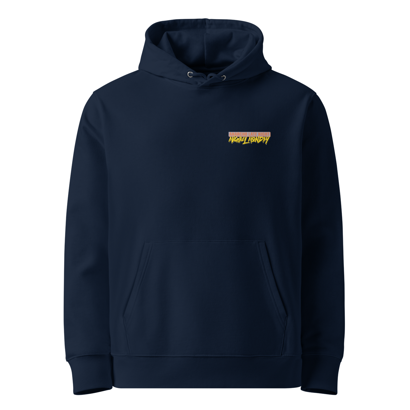 French Navy organic cotton Anarcho Late Night hoodie with the Michael Monday design, front view