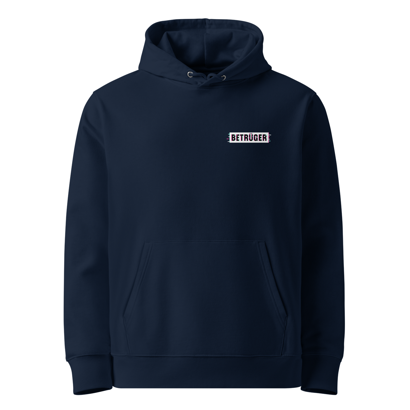 French Navy organic cotton Anarcho Late Night hoodie with the Betrüger design, front view