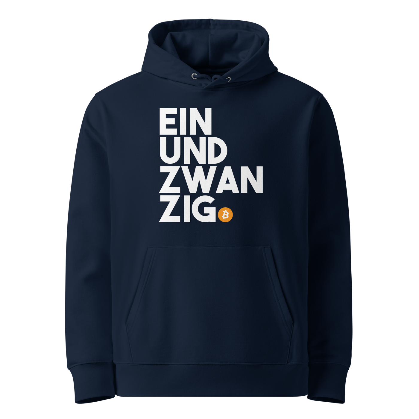 French Navy organic cotton Bitcoin hoodie with the Einundzwanzig design, front view