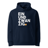 French Navy organic cotton Bitcoin hoodie with the Einundzwanzig design, front view