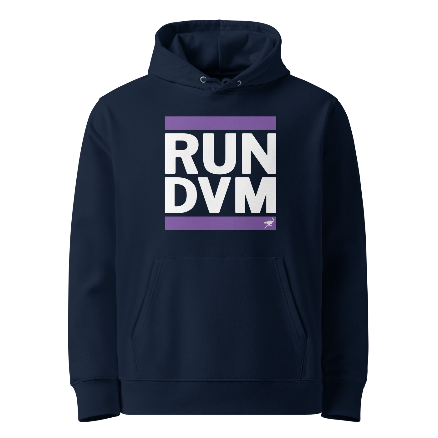 French Navy organic cotton Nostr hoodie with the Run DVM design, front view