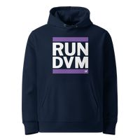 French Navy organic cotton Nostr hoodie with the Run DVM design, front view