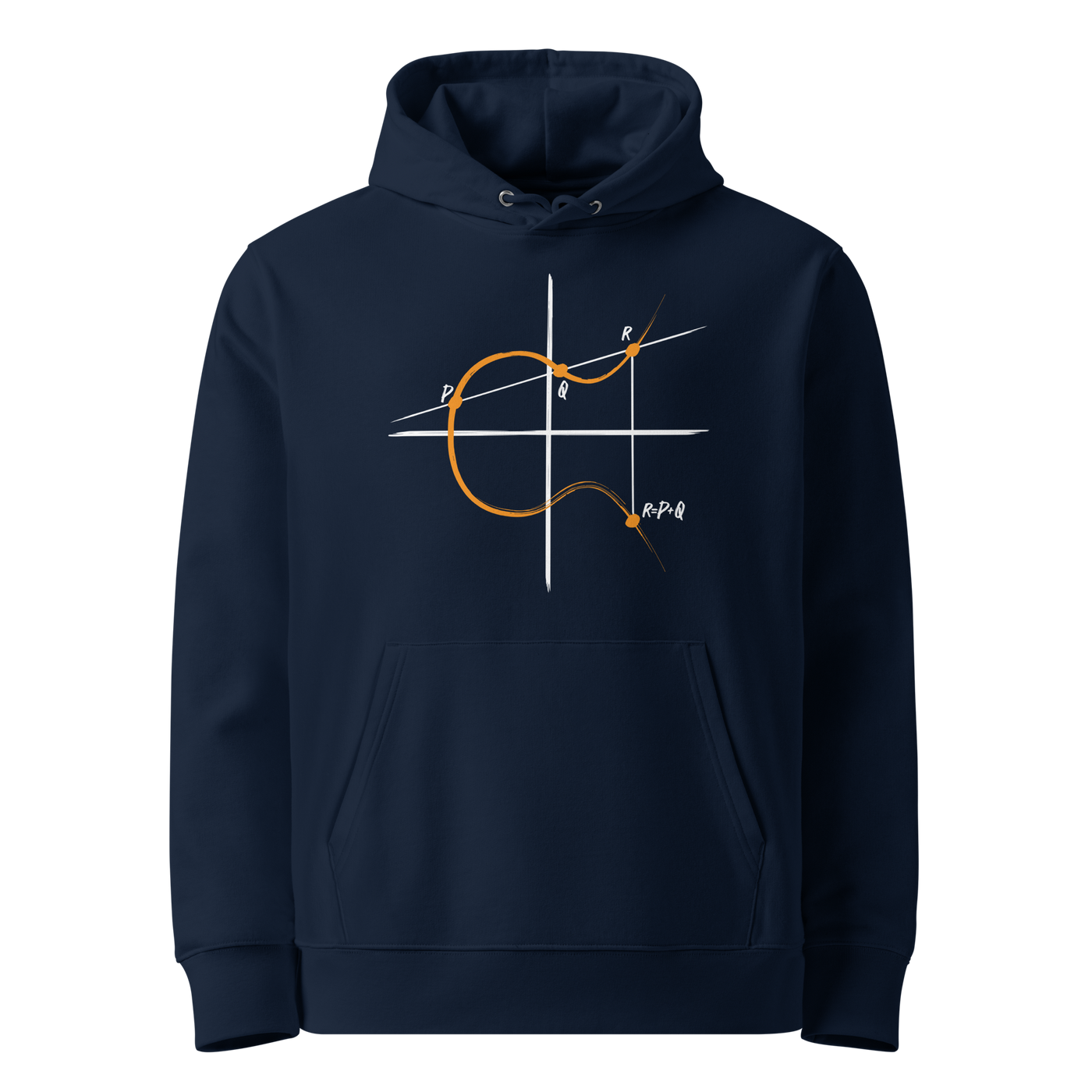 French Navy organic cotton Bitcoin hoodie with the Elliptic Curve Cryptography design, front view