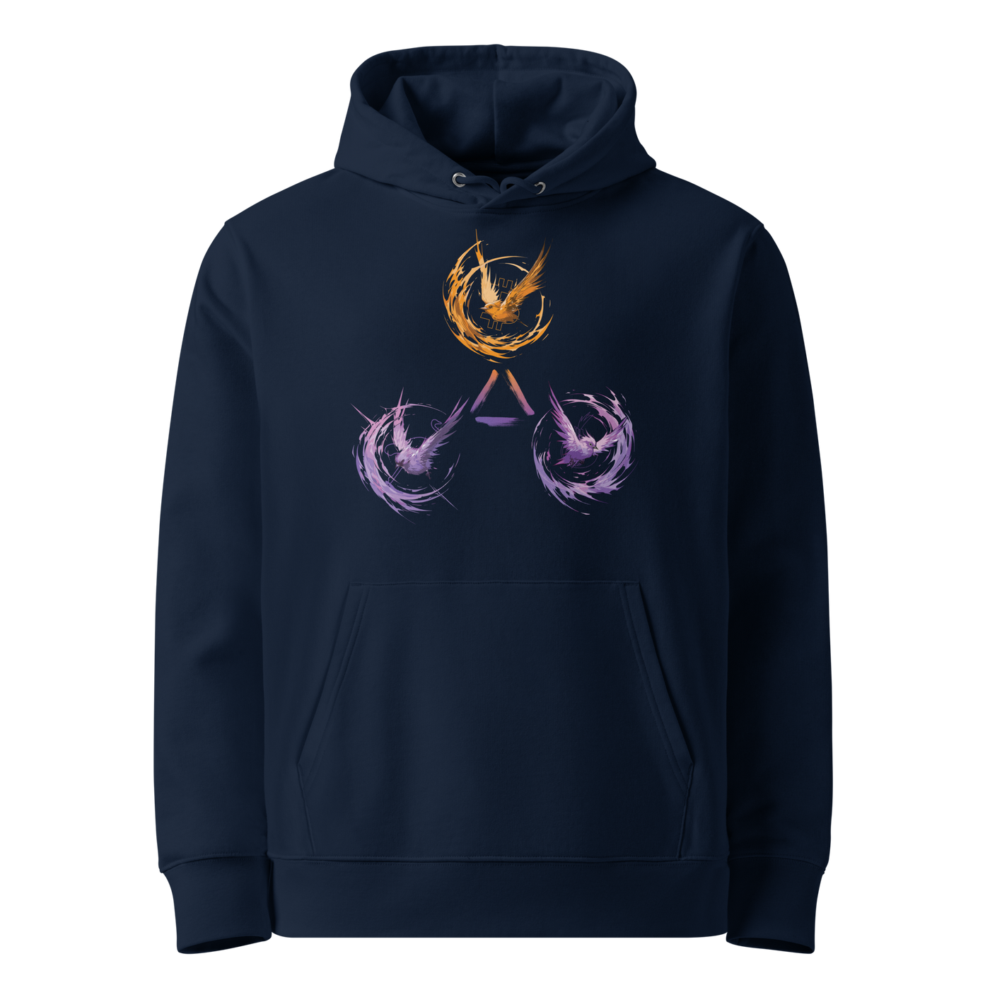 French Navy organic cotton Bitcoin hoodie with the Trinity of Freedom design, front view