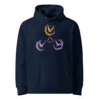 French Navy organic cotton Bitcoin hoodie with the Trinity of Freedom design, front view