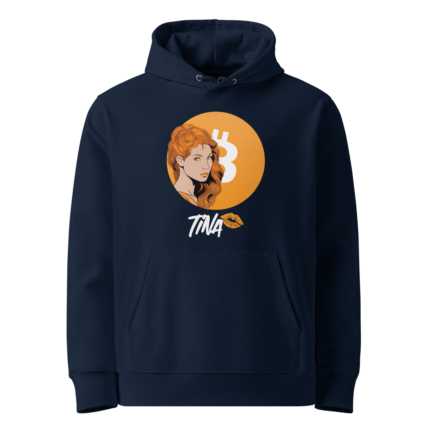 French Navy organic cotton Bitcoin hoodie with the TINA design, front view