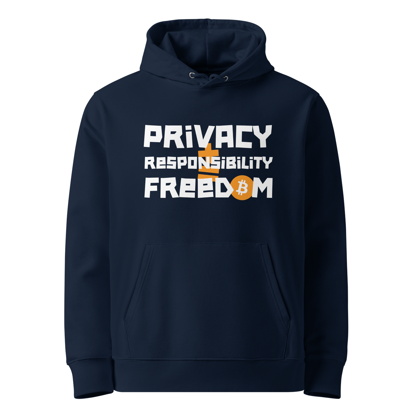 French Navy organic cotton Bitcoin hoodie with the Privacy + Responsibility = Freedom design, front view