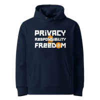 French Navy organic cotton Bitcoin hoodie with the Privacy + Responsibility = Freedom design, front view
