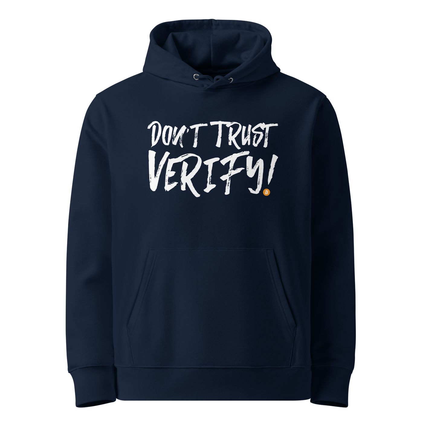 French Navy organic cotton Bitcoin hoodie with the Don't Trust Verify design, front view