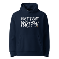 French Navy organic cotton Bitcoin hoodie with the Don't Trust Verify design, front view