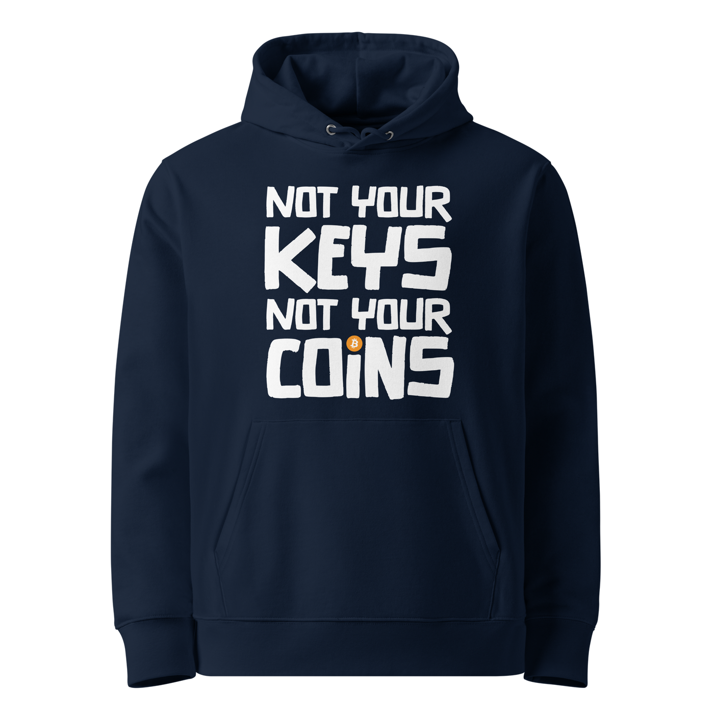 French Navy organic cotton Bitcoin hoodie with the Not your Keys Not your Coins design, front view