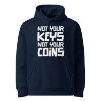 French Navy organic cotton Bitcoin hoodie with the Not your Keys Not your Coins design, front view