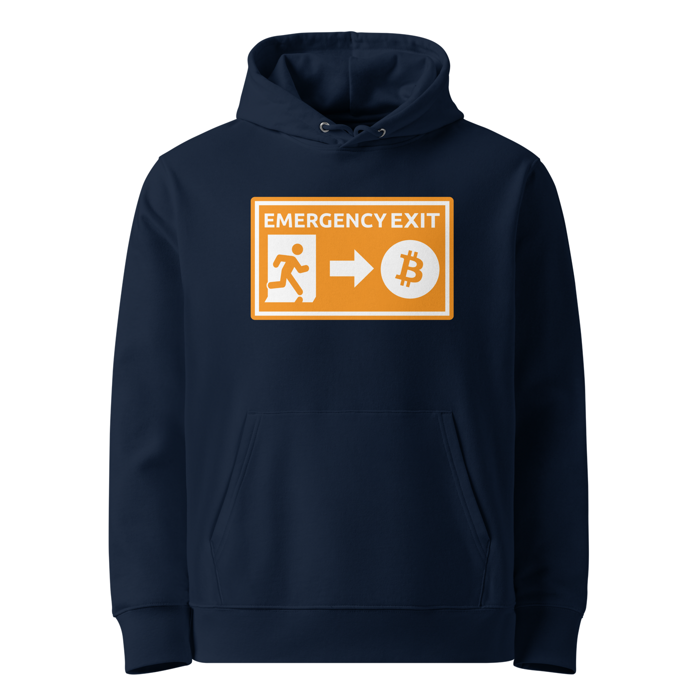 French Navy organic cotton Bitcoin hoodie with the Emergency Exit design, front view