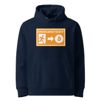 French Navy organic cotton Bitcoin hoodie with the Emergency Exit design, front view