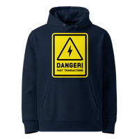 French Navy organic cotton Bitcoin hoodie with the Danger! Fast Transactions design, front view