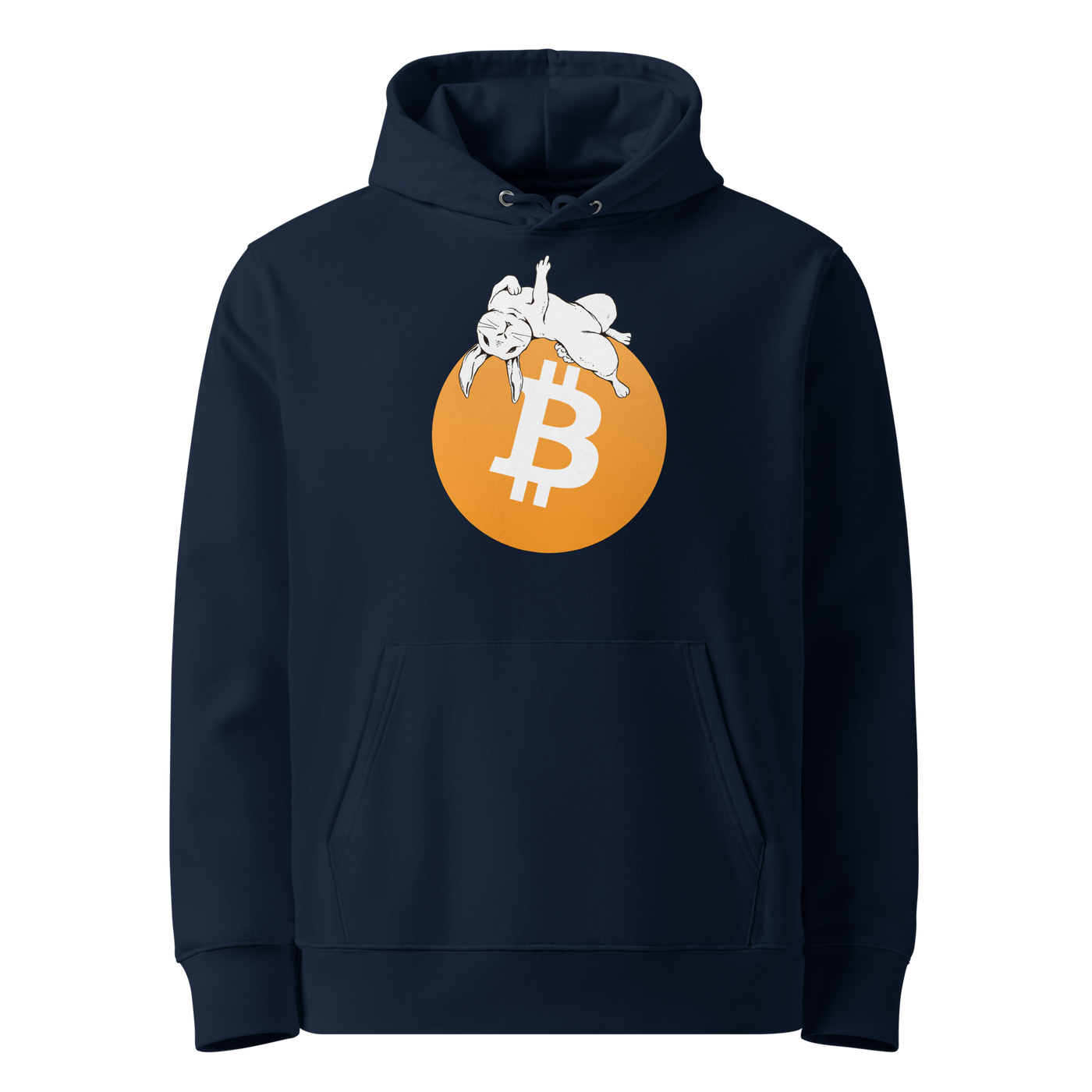 French Navy organic cotton Bitcoin hoodie with the F*** Fiat Money design, front view