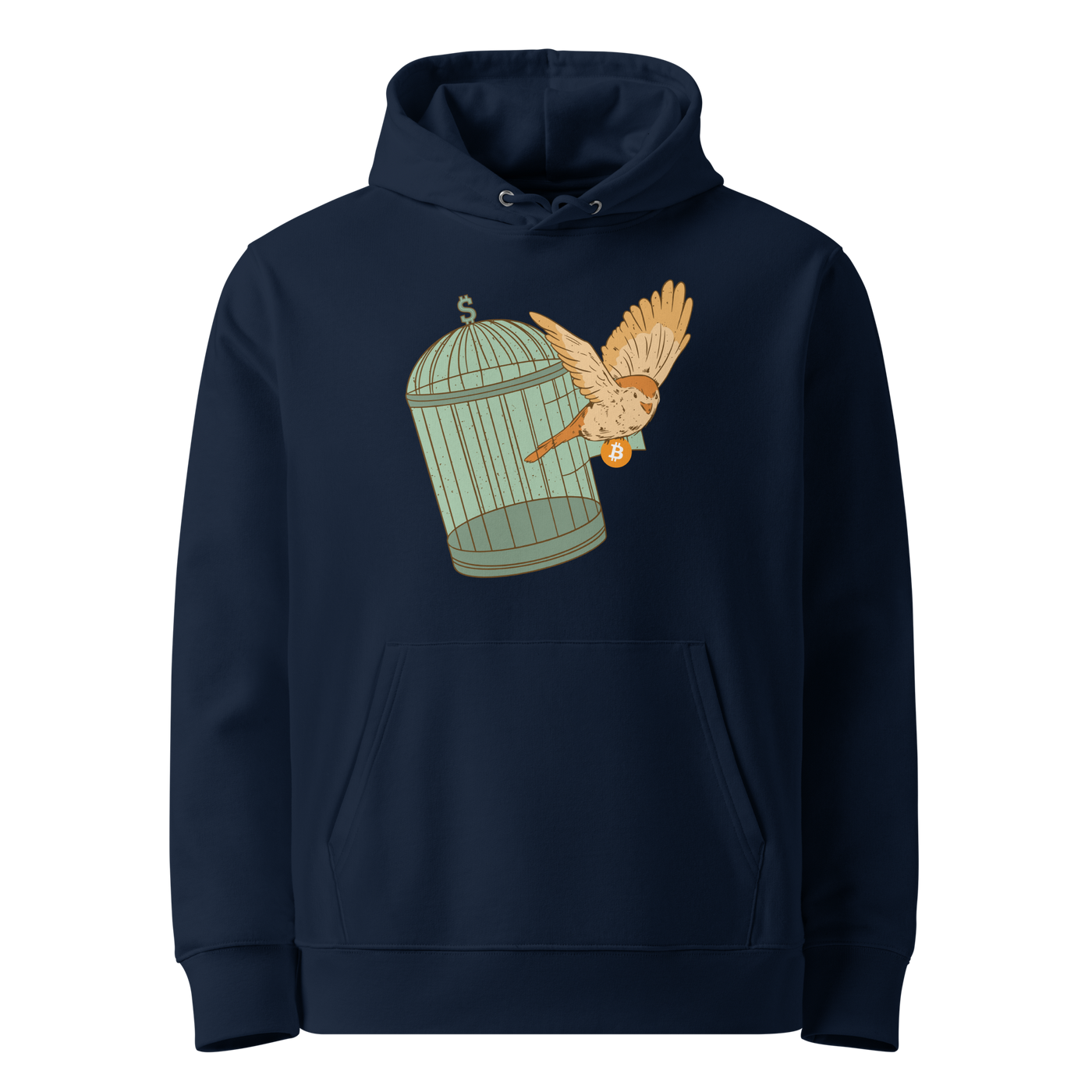 French Navy organic cotton Bitcoin hoodie with the Escape From Fiat Madness design, front view