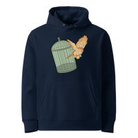 French Navy organic cotton Bitcoin hoodie with the Escape From Fiat Madness design, front view