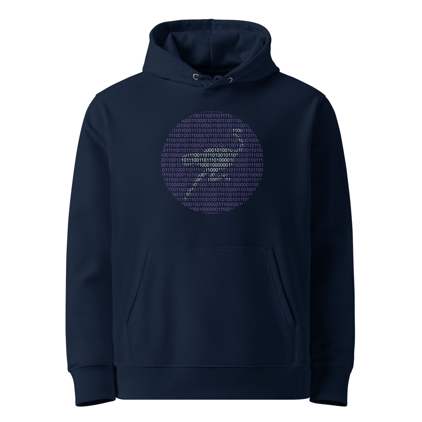 French Navy organic cotton Nostr hoodie with the Nostr Binary design, front view