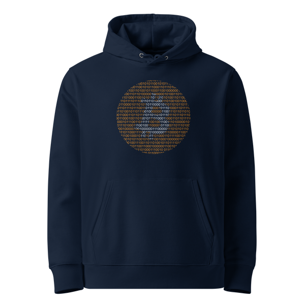 French Navy organic cotton Bitcoin hoodie with the Bitcoin Binary design, front view