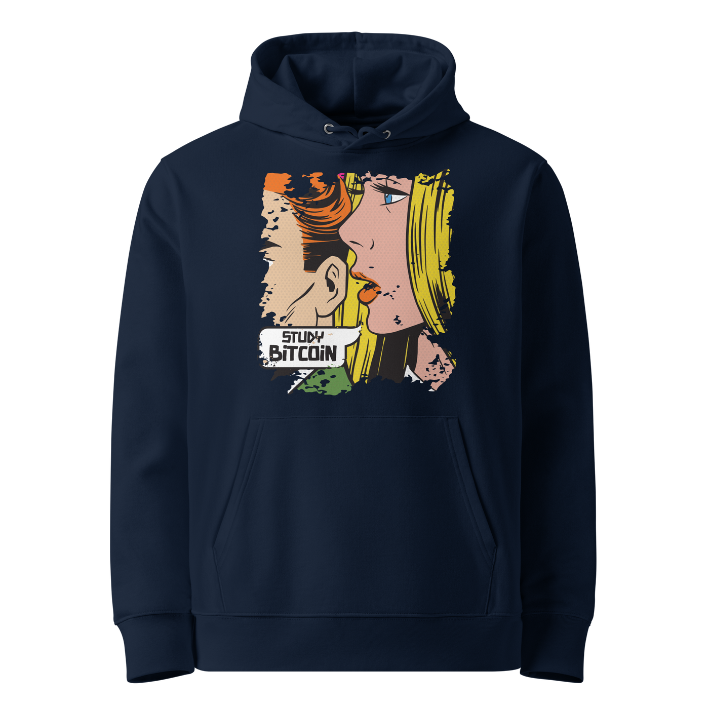 French Navy organic cotton Bitcoin hoodie with the Study Bitcoin design, front view
