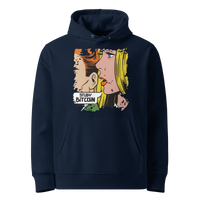 French Navy organic cotton Bitcoin hoodie with the Study Bitcoin design, front view